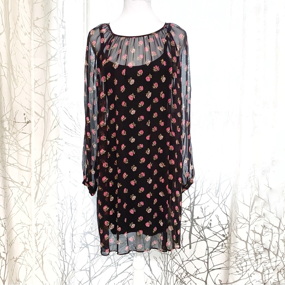 NEEDLE & THREAD black pink floral sheer long sleeve Prairie Ditsy Day Dress